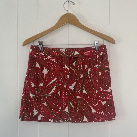 J. CREW Sz 0 Cotton Blend Paisley Mini Skirt Pockets Red/Green Holiday Fall - Picture 6 of 16